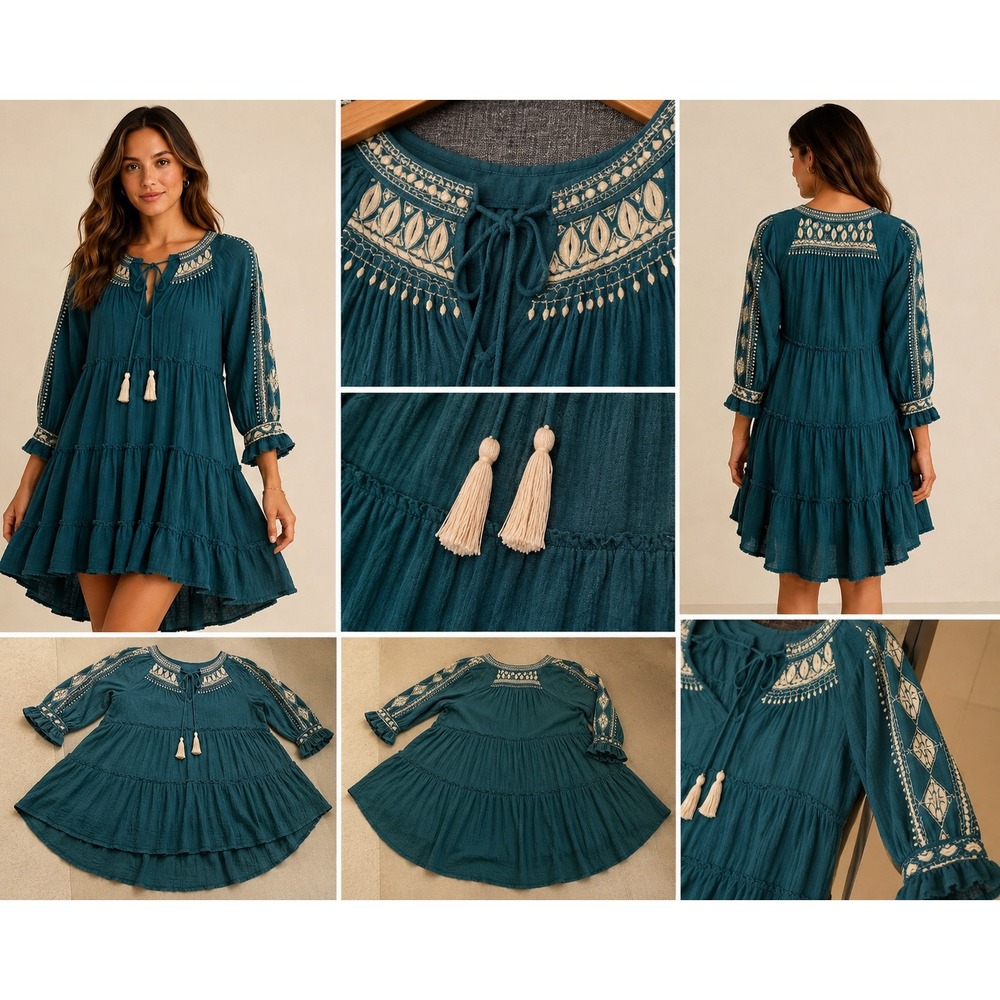 Free‎ People Teal Blue Embroidered Cotton Gauze Tiered Boho Mini Dress XS